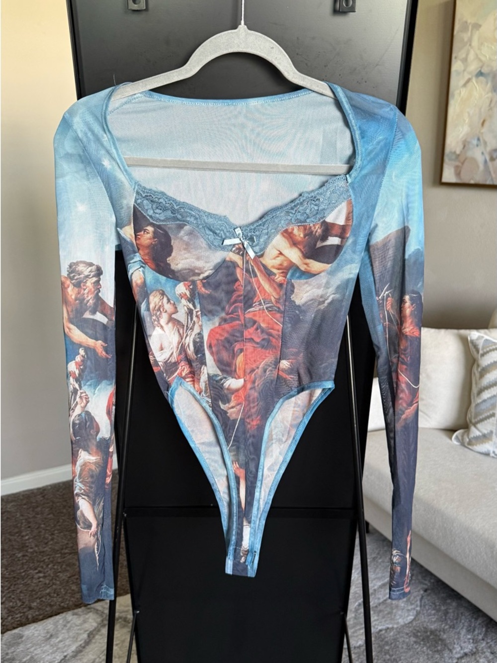 Art Print Long Sleeve Mesh Bodysuit in Blue & Multicolor
